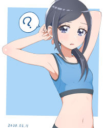 Rule 34 | 1girl, 2020, ?, absurdres, aizawa zawapo, armpits, arms behind head, bare arms, black hair, blue background, blue sports bra, blush, border, breasts, dated, grey eyes, hair over shoulder, healin&#039; good precure, highres, long hair, midriff, navel, open mouth, outside border, parted bangs, ponytail, precure, sawaizumi chiyu, small breasts, solo, speech bubble, spoken question mark, sports bra, stomach, stretching, upper body, wavy mouth, white border