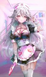 Rule 34 | 1girl, apron, arm up, bandaged arm, bandages, black dress, breasts, chest harness, cleavage, commission, corset, cross, dress, frilled apron, frills, furofuroppi, garter straps, grey hair, hair ornament, harness, hat, heart, heart print, highres, holding, holding knife, holding syringe, hospital, indie virtual youtuber, knife, large breasts, long hair, looking at viewer, medium breasts, minagoro-chan, nurse, nurse cap, pill, pink eyes, puffy short sleeves, puffy sleeves, short sleeves, skeb commission, solo, syringe, thighhighs, very long hair, virtual youtuber, w, waist apron, white apron, white corset, white thighhighs, wrist cuffs