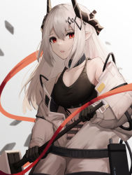 Rule 34 | 1girl, absurdres, arknights, bad id, bad pixiv id, bare shoulders, black gloves, black sports bra, breasts, cleavage, elite ii (arknights), gloves, grey jacket, hammer, highres, holding, holding hammer, holding weapon, horns, infection monitor (arknights), jacket, large breasts, long hair, material growth, mea (hwaksal), midriff peek, mudrock (arknights), mudrock (elite ii) (arknights), off shoulder, oripathy lesion (arknights), parted lips, pointy ears, red eyes, ribbon, solo, sports bra, weapon, white background, white hair
