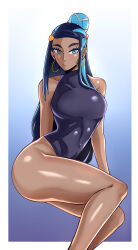 Rule 34 | 1girl, absurdres, alternate costume, aqua eyes, arched back, ass, bighead333, black hair, black one-piece swimsuit, blue hair, border, breasts, closed mouth, commentary request, covered collarbone, covered navel, creatures (company), dark-skinned female, dark skin, earclip, earrings, eyelashes, eyeshadow, game freak, gradient background, hair bun, highres, hoop earrings, jewelry, korean commentary, large breasts, long hair, looking at viewer, makeup, multicolored hair, nessa (pokemon), nintendo, one-piece swimsuit, pokemon, pokemon swsh, shiny skin, single hair bun, solo, swimsuit, two-tone hair, white border