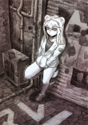 Rule 34 | 1girl, afrostar, against wall, animal ears, araiguma-san, bags under eyes, bare legs, borrowed character, expressionless, full body, greyscale, hands in pockets, highres, hood, hoodie, monochrome, original, raccoon ears, raccoon tail, ruins, shoes, solo, standing, standing on one leg, tail
