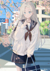 Rule 34 | 1girl, apartment, bag, blue eyes, blue sailor collar, blue skirt, cherry blossoms, city, closed mouth, commentary, crosswalk, day, grey hair, heart, highres, holding, holding bag, long hair, long sleeves, looking at viewer, original, outdoors, pleated skirt, red ribbon, ribbon, sailor collar, school bag, school uniform, serafuku, sin., skirt, sleeves past wrists, smile, standing, v