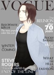 Rule 34 | 1boy, a song of ice and fire, animification, bad id, bad pixiv id, blue eyes, brown hair, captain america: the winter soldier, captain america (series), captain america the winter soldier, casual, cover, fake cover, james buchanan barnes, looking at viewer, magazine cover, male focus, marvel, marvel cinematic universe, mechanical arms, parody, pun, single mechanical arm, solo, stranded18