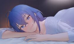 Rule 34 | 1girl, bed, blue eyes, blue hair, blush, long hair, looking at viewer, lying, mushoku tensei, on stomach, open mouth, rausu (undeadmachine), roxy migurdia, solo, tagme, wavy mouth