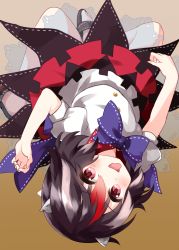 Rule 34 | 1girl, arrow (symbol), black footwear, black hair, black skirt, bow, bowtie, brown background, buttons, collared shirt, cone horns, gradient background, grey horns, hair between eyes, highres, horns, kijin seija, looking at viewer, multicolored clothes, multicolored hair, multicolored skirt, puffy short sleeves, puffy sleeves, purple bow, purple bowtie, red hair, red skirt, ribbon, ribbon-trimmed bow, ribbon-trimmed collar, ribbon-trimmed footwear, ribbon-trimmed skirt, ribbon trim, ruu (tksymkw), sandals, shirt, short hair, short sleeves, skirt, solo, streaked hair, touhou, two-tone skirt, upside-down, white hair, white ribbon, white shirt
