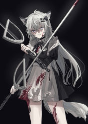 Rule 34 | 1girl, absurdres, alternate costume, animal ear fluff, animal ears, apron, arknights, black background, black dress, blood, blood on clothes, blood on face, blue eyes, chihuri, commentary request, dress, dual wielding, enmaided, frilled apron, frills, grey hair, hair between eyes, hair ornament, hairclip, highres, holding, holding sword, holding weapon, juliet sleeves, lappland (arknights), long hair, long sleeves, looking at viewer, maid, material growth, oripathy lesion (arknights), parted lips, puffy sleeves, red pupils, scar, scar across eye, scar on face, smile, solo, sword, tail, very long hair, weapon, white apron