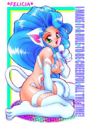 Rule 34 | animal ears, animal hands, artist request, big hair, blue hair, capcom, cat ears, cat girl, cat paws, cat tail, character name, claws, felicia (vampire), fur, green eyes, open mouth, solo, tail, vampire (game)