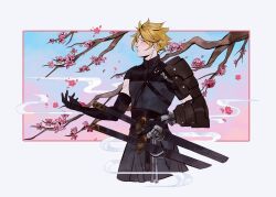 Rule 34 | 1boy, absurdres, arm armor, armor, black gloves, blonde hair, branch, cherry blossoms, cloud strife, cloud strife (murasame), commentary, cropped legs, elbow gloves, final fantasy, final fantasy vii, final fantasy vii ever crisis, gloves, hakama, hakama pants, highres, japanese clothes, katana, male focus, official alternate costume, open hand, pants, parted lips, profile, robasarel, samurai, sheath, sheathed, short hair, shoulder armor, solo, spiked hair, sword, weapon