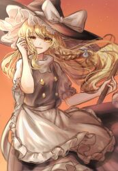 Rule 34 | 1girl, apron, black dress, blonde hair, braid, broom, buttons, dress, hat, highres, holding, kirisame marisa, long hair, looking at viewer, orange background, puffy short sleeves, puffy sleeves, ribbon, shirt, short sleeves, simple background, single braid, sky, smile, solo, star (sky), starry sky, suna sen, touhou, wavy hair, white apron, white ribbon, white shirt, wind, witch hat, yellow eyes