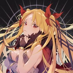 Rule 34 | 1girl, alternate costume, alternate hairstyle, amayu yuzukabe, arm up, blonde hair, breasts, bridal gauntlets, cape, cleavage, dress, ereshkigal (fate), fate/grand order, fate (series), fur trim, gold trim, hair ribbon, highres, light frown, long hair, medium breasts, red cape, red eyes, red ribbon, ribbon, see-through, solo, swimsuit, very long hair, watermark