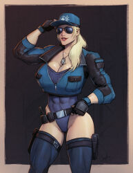 Rule 34 | 1girl, adapted costume, alternate breast size, baseball cap, belt, black belt, black gloves, blonde hair, blue hat, blue jacket, blue leotard, blue thighhighs, breasts, cameltoe, cleavage, covered abs, cropped jacket, devilhs, dog tags, fingerless gloves, gloves, hat, highres, holster, huge breasts, jacket, leotard, long hair, mortal kombat (series), muscular, muscular female, police, police uniform, policewoman, ponytail, signature, solo, sonya blade, standing, sunglasses, thigh holster, thighhighs, tinted eyewear, uniform