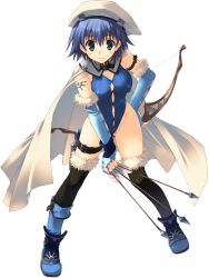 Rule 34 | 1girl, arrow (projectile), beret, black thighhighs, blue hair, blue theme, bow (weapon), breasts, cape, covered erect nipples, dagger, elbow gloves, fingerless gloves, full body, fur trim, gloves, green eyes, hat, highleg, highleg leotard, highres, knife, large breasts, leotard, mitsumi misato, short hair, solo, tattoo, thighhighs, thighs, to heart (series), to heart 2, to heart 2 dungeon travelers, tonami yuma, transparent background, weapon