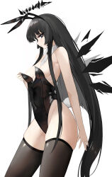 Rule 34 | 1girl, absurdres, alternate costume, animal ears, arknights, armpit crease, bare arms, bare hips, bare shoulders, black eyes, black hair, black halo, black leotard, black thighhighs, black wings, blunt bangs, breasts, breasts apart, bright pupils, broken halo, collar, colored inner hair, commentary, covered navel, cowboy shot, dark halo, detached collar, detached wings, energy wings, fake animal ears, fake tail, from side, grey hair, groin, halo, hand up, highleg, highleg leotard, highres, hime cut, leotard, light smile, long hair, looking at viewer, mole, mole under eye, multicolored hair, necktie, pale skin, parted lips, playboy bunny, rabbit ears, rabbit tail, ribs, sideboob, sidelocks, sideways glance, simple background, skindentation, skinny, small breasts, solo, standing, strapless, strapless leotard, symbol-only commentary, tail, thick thighs, thighhighs, thighs, two-tone hair, very long hair, virtuosa (arknights), white background, white collar, white necktie, white pupils, wide hips, wing collar, wings, yuweishizi