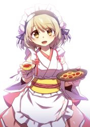 Rule 34 | 1girl, apricot (flower knight girl), blonde hair, blush, breasts, flower, flower knight girl, food, hairband, holding, looking at viewer, maid, mizunashi (second run), open mouth, short hair, smile, wa maid