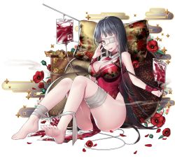 Rule 34 | 1girl, absurdres, arm up, bandaged leg, bandages, bare shoulders, barefoot, black hair, blood, blood bag, breasts, china dress, chinese clothes, cleavage, cleavage cutout, clothing cutout, commentary request, cross, dress, egasumi, eyepatch, fingernails, floral print, flower, grey eyes, highres, holding, holding smoking pipe, ia (ias1010), kiseru, large breasts, long hair, medical eyepatch, no panties, original, parted lips, pelvic curtain, pillow, print pillow, red cross, red dress, red flower, rose print, sitting, sleeveless, sleeveless dress, smoke, smoking, smoking pipe, solo, very long hair