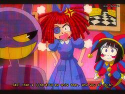 Rule 34 | 1990s (style), 1boy, 2girls, anger vein, animal ears, artist name, black hair, blue bow, blue dress, blue eyes, blush, bow, breasts, brenni murasaki, buttons, colored sclera, commentary, dress, english commentary, english text, fake screenshot, grin, hair bow, hands on own hips, hat, jax (the amazing digital circus), jester, jester cap, looking at another, medium breasts, medium hair, multicolored eyes, multiple girls, open mouth, overalls, patchwork clothes, picture frame, pomni (the amazing digital circus), puffy short sleeves, puffy sleeves, ragatha (the amazing digital circus), red eyes, red hair, red overalls, retro artstyle, short sleeves, shorts, smile, the amazing digital circus, yellow sclera