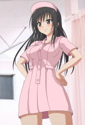 Rule 34 | 00s, 1girl, angry, artist request, black hair, blush, breasts, brown eyes, highres, hospital, indoors, kotegawa yui, large breasts, long hair, nurse, pink theme, solo, to love-ru
