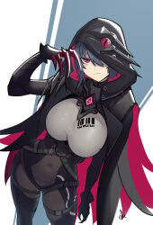Rule 34 | 1girl, bodysuit, breasts, cape, claw pose, claws, closed mouth, contrapposto, distr, grey hair, highres, honkai (series), honkai impact 3rd, hood, hood up, hooded cape, large breasts, looking at viewer, navel, one eye covered, raven (honkai impact), red eyes, short hair, signature, smile, solo