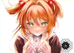 Rule 34 | 1girl, black shirt, cardcaptor sakura, closed mouth, commentary, english commentary, green eyes, hair between eyes, hair bobbles, hair intakes, hair ornament, hands up, kinomoto sakura, looking at viewer, mimi (mixnxart), orange hair, sailor collar, shirt, signature, simple background, smile, solo, two side up, upper body, watermark, white background, white sailor collar