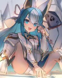 Rule 34 | 1girl, armored boots, azur lane, blue eyes, blue hair, blush, boots, commentary, english commentary, eyes visible through hair, hair over one eye, highres, janyhero, long hair, looking at viewer, m legs, maille-breze (azur lane), multicolored hair, open mouth, panties, paw pose, rigging, sitting, sketch, smile, solo, underwear, very long hair, white hair, white panties