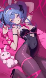 Rule 34 | 1girl, :q, absurdres, animal ears, black leotard, black pantyhose, blue eyes, blue hair, clothing cutout, covered navel, cutout above navel, dkxlek, fake animal ears, hair ornament, hairband, hatsune miku, heart, heart-shaped pupils, heart cutout, highleg, highleg leotard, highres, leotard, lying, multicolored hair, on back, pantyhose, pink hair, pink pupils, playboy bunny, rabbit ears, rabbit hair ornament, rabbit hole (vocaloid), ribbon, shoes, solo, streaked hair, stuffed toy, symbol-shaped pupils, teardrop facial mark, tongue, tongue out, twintails, two-tone hair, two side up, vocaloid, white hairband, x hair ornament