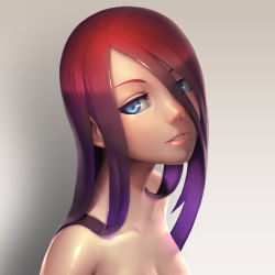 Rule 34 | 1girl, bad id, bad pixiv id, blue eyes, breasts, cleavage, eyes visible through hair, ikegami noroshi, lips, multicolored hair, nude, original, parted lips, purple hair, red hair, shiny skin, solo, upper body