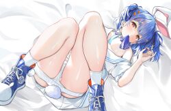 Rule 34 | 1girl, \m/, absurdres, animal ears, arm up, bed sheet, blue footwear, blue hair, blue ribbon, blush, breasts, carrot hair ornament, choker, earrings, food-themed hair ornament, frown, hair ornament, hazuki yuzuru, highres, hololive, jewelry, knees together feet apart, legs, legs up, looking at viewer, lying, miniskirt, neckerchief, neckerchief in mouth, on back, panties, rabbit-shaped pupils, rabbit earrings, rabbit ears, rabbit girl, rabbit tail, red eyes, ribbon, sailor collar, school uniform, serafuku, shoes, short twintails, skirt, small breasts, socks, solo, symbol-shaped pupils, tail, tearing up, tears, thick eyebrows, thighs, tied ears, twintails, underwear, usada pekora, usada pekora (casual), virtual youtuber, white choker, white panties, white sailor collar