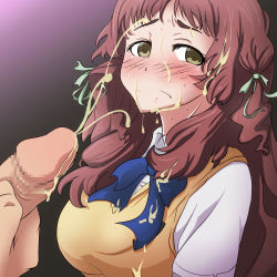 Rule 34 | 10s, 1girl, ano natsu de matteru, blush, bow, breasts, brown hair, censored, cum, cum on clothes, cum on hair, disgust, ejaculation, facial, frown, hair ornament, huge breasts, kitahara mio, long hair, penis, school uniform, simple background, solo focus, tsubooi, upper body, yellow eyes