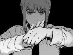 Rule 34 | 1girl, arms up, black necktie, breasts, business suit, chainsaw man, cirenk, expressionless, fingernails, formal, fujimoto tatsuki (style), greyscale, hand gesture, long hair, makima (chainsaw man), medium breasts, monochrome, necktie, ringed eyes, shirt, solo, suit, white shirt
