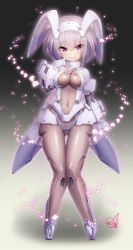 Rule 34 | 1girl, blush, bodysuit, breasts, character request, commentary request, covered navel, desktop army, doyouwantto, eyelashes, full body, gloves, gluteal fold, hair between eyes, heart, highres, joints, knees together feet apart, large breasts, looking at viewer, purple eyes, robot joints, silver hair, skin tight, solo, standing, thigh gap, white gloves