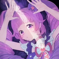 Rule 34 | 1girl, aozora himari, arms up, blunt bangs, bow, commentary, crack of light, hair bow, heart, highres, himitsu no aipri, idol clothes, long hair, looking at viewer, lying, on back, parted lips, pink bow, pink hair, pretty series, purple eyes, pushuun, solo, symbol-only commentary, twintails, upper body