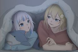 Rule 34 | 2girls, blanket, blonde hair, blue eyes, blue hair, blue hoodie, collarbone, gawr gura, hair ornament, highres, hololive, hololive english, hood, hoodie, long sleeves, looking at another, lying, multicolored hair, multiple girls, on stomach, open mouth, red shirt, shew (shew03), shirt, short sleeves, silver hair, streaked hair, stuffed animal, stuffed shark, stuffed toy, t-shirt, two-tone hair, virtual youtuber, watson amelia