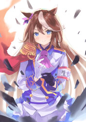Rule 34 | 1girl, absurdres, adjusting clothes, adjusting gloves, animal ears, ascot, asymmetrical gloves, black gloves, blue eyes, blue jacket, blush, brown hair, buttons, cape, commentary request, cowboy shot, debris, double-breasted, ear ornament, epaulettes, gloves, hair between eyes, hair down, highres, horse ears, horse girl, jacket, long hair, long sleeves, looking at viewer, mismatched gloves, multicolored clothes, multicolored hair, multicolored jacket, pink ascot, pleated skirt, red cape, side cape, simple background, single epaulette, skirt, solo, streaked hair, tokai teio (umamusume), tsurubami (gaad5227), two-tone jacket, umamusume, white background, white gloves, white hair, white jacket, white skirt