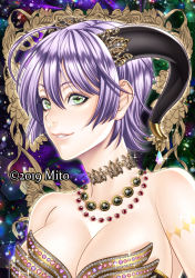 Rule 34 | 1girl, bare shoulders, breasts, choker, cleavage, green eyes, horns, jewelry, large breasts, mito amatsu, necklace, original, purple hair, smile