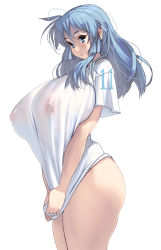Rule 34 | 1girl, blue hair, breasts, cowboy shot, highres, huge breasts, kouno (masao), nipples, original, see-through, simple background, solo, standing, white background