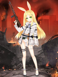 Rule 34 | 1girl, animal ears, blonde hair, building, closed mouth, copyright request, fire, green eyes, grey footwear, grey jacket, gun, hair ornament, hairclip, highres, holding, holding gun, holding weapon, jacket, leotard, long hair, long sleeves, looking at viewer, official art, open clothes, open jacket, outdoors, parted bangs, rabbit ears, shikito (yawa0w0), shoes, sleeves past wrists, smoke, solo, very long hair, weapon, weapon request, white leotard