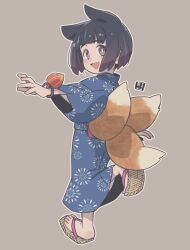 Rule 34 | 1girl, :d, animal ears, black hair, blue kimono, brown background, brown eyes, child, commentary request, fang, female focus, fireworks print, fox ears, fox girl, fox tail, from behind, full body, japanese clothes, kimono, kitsune, kukuri (mawaru), long sleeves, looking at viewer, looking back, mawaru (mawaru), open mouth, original, print kimono, sandals, shoe soles, short hair, simple background, smile, solo, standing, standing on one leg, tail, thick eyebrows, wide sleeves, zouri