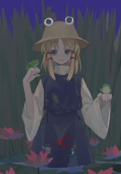 Rule 34 | 1girl, animal, animal on hand, animal print, blonde hair, blue eyes, cjsdh1000, closed mouth, commentary, cowboy shot, flower, frog, frog print, grass, hands up, hat, lily pad, long sleeves, looking at animal, medium hair, moriya suwako, parted bangs, pink flower, purple skirt, purple vest, shirt, skirt, smile, solo, tall grass, touhou, turtleneck, vest, wading, white shirt, wide sleeves