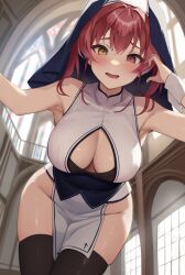Rule 34 | 1girl, absurdres, black thighhighs, blush, breasts, church, cleavage, groin, habit, heterochromia, highres, hololive, houshou marine, houshou marine (nun), large breasts, looking at viewer, medium hair, nekorone0222, open mouth, pelvic curtain, red eyes, red hair, side slit, sleeveless, solo, thighhighs, thighs, twintails, virtual youtuber, wrist cuffs, yellow eyes