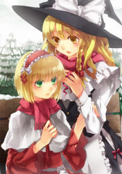 Rule 34 | 2girls, alice margatroid, alternate eye color, arm grab, bad id, bad pixiv id, bell, blonde hair, bow, braid, capelet, female focus, green eyes, hairband, hat, hat bow, kirisame marisa, long sleeves, multiple girls, perfect cherry blossom, red scarf, ribbon, scarf, shiyun, side braid, snow, touhou, tree, wide sleeves, winter, witch, witch hat, yellow eyes