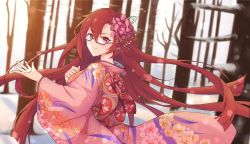 Rule 34 | 1girl, altheavin, floating hair, floral print, flower, glasses, hair flower, hair ornament, highres, japanese clothes, kimono, labyrista, labyrista (real) (princess connect!), long sleeves, looking at viewer, outdoors, pink kimono, princess connect!, red eyes, red hair, smile, snow, solo, tree, wind