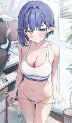 Rule 34 | 1girl, aoi (blue archive), bare shoulders, blue archive, blue eyes, blue hair, blush, breasts, cleavage, collarbone, earclip, halo, highres, houraku, looking at viewer, medium breasts, mole, mole under eye, navel, open mouth, panties, panty pull, pointy ears, short hair, solo, sports bra, thighs, underwear, white panties, white sports bra