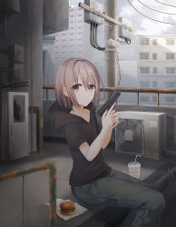 Rule 34 | 1girl, air conditioner, bad id, bad pixiv id, bendy straw, black jacket, blue pants, brown eyes, building, burger, chihuri, cloud, cloudy sky, collarbone, commentary request, condenser unit, cup, disposable cup, drawstring, drinking straw, fingernails, food, grey eyes, gun, hair between eyes, handgun, hands up, heterochromia, holding, holding gun, holding weapon, hood, hood down, hooded jacket, jacket, light brown hair, original, outdoors, pants, pistol, power lines, puffy short sleeves, puffy sleeves, short hair, short sleeves, sitting, sky, solo, trigger discipline, two-handed, utility pole, weapon, weapon request