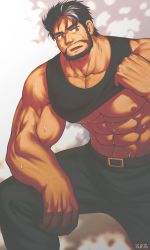 Rule 34 | 1boy, abs, bara, bare arms, bare pectorals, bare shoulders, beard, biceps, black hair, black pants, black tank top, clothes lift, dark-skinned male, dark skin, dobito mn, facial hair, feet out of frame, highres, large pectorals, lifted by self, male focus, mature male, multicolored hair, muscular, muscular male, navel, nipples, original, pants, pectorals, shirt lift, short hair, sitting, solo, stomach, streaked hair, sweat, tank top, white hair