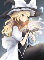 Rule 34 | 1girl, adapted costume, blonde hair, blush, candy, casting spell, fingerless gloves, food, gloves, hat, highres, kirisame marisa, konpeitou, long hair, smile, solo, star (symbol), touhou, witch hat, yawl, yellow eyes
