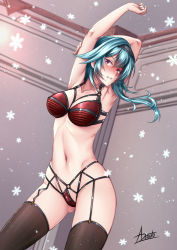 Rule 34 | 1girl, adsouto, armpits, arms up, asymmetrical clothes, black thighhighs, blue hair, blush, bra, breasts, cleavage, cowboy shot, eula (genshin impact), floating hair, garter belt, genshin impact, grey hairband, grin, hair between eyes, hairband, highres, indoors, large breasts, lingerie, long hair, panties, purple eyes, red bra, red panties, signature, smile, solo, standing, thighhighs, underwear, underwear only