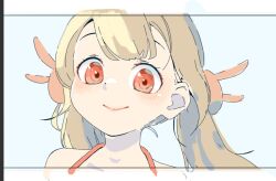 Rule 34 | 1girl, bare shoulders, blonde hair, blue background, blush, closed mouth, commentary request, hair ornament, kaizuka (mintfield), long hair, looking at viewer, natori sana, portrait, rabbit hair ornament, red eyes, sana channel, smile, solo, twintails, virtual youtuber