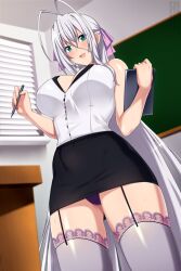 Rule 34 | 1girl, antenna hair, aqua eyes, bare shoulders, black skirt, blurry, blurry background, button gap, chalkboard, commentary, english commentary, garter straps, gluteal fold, grey hair, hair between eyes, hair ribbon, hands up, high school dxd, highres, holding, holding pencil, indoors, lindaroze, long hair, looking at viewer, mechanical pencil, open mouth, paid reward available, panties, pencil, pencil skirt, pink ribbon, purple panties, ribbon, rossweisse, shirt, skirt, sleeveless, sleeveless shirt, smile, solo, standing, sweat, thighhighs, thighs, twitter username, underwear, very long hair, watermark, web address, white shirt