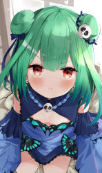 Rule 34 | 1girl, absurdres, bed, blush, bug, butterfly, detached sleeves, double bun, earrings, eureka 814, flat chest, gothic lolita, green hair, hair between eyes, hair bun, hair ornament, highres, hololive, insect, jewelry, kneeling, lolita fashion, looking at viewer, pout, pov, red eyes, solo, uruha rushia, uruha rushia (1st costume), v-shaped eyebrows, virtual youtuber