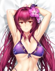 1girl absurdres armpits arms_up bikini bracelet breasts cleavage fate/grand_order fate_(series) female_focus flower hair_flower hair_ornament highleg highleg_bikini highres jewelry large_breasts long_hair looking_at_viewer lying nail_polish navel okitakung on_back parted_lips print_bikini purple_bikini purple_hair red_eyes scathach_(fate) side-tie_bikini_bottom sidelocks smile solo swimsuit underboob wrist_cuffs